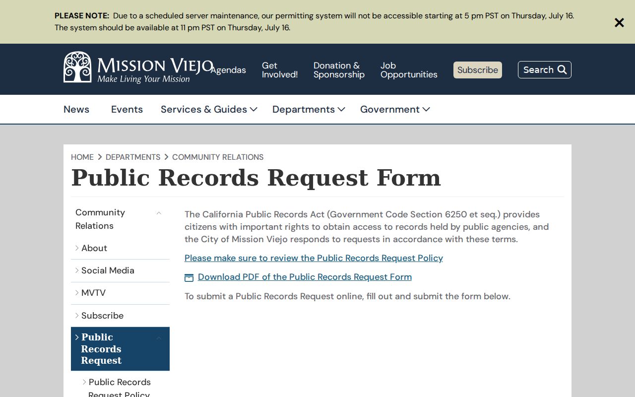 Mission Viejo people search public records request page