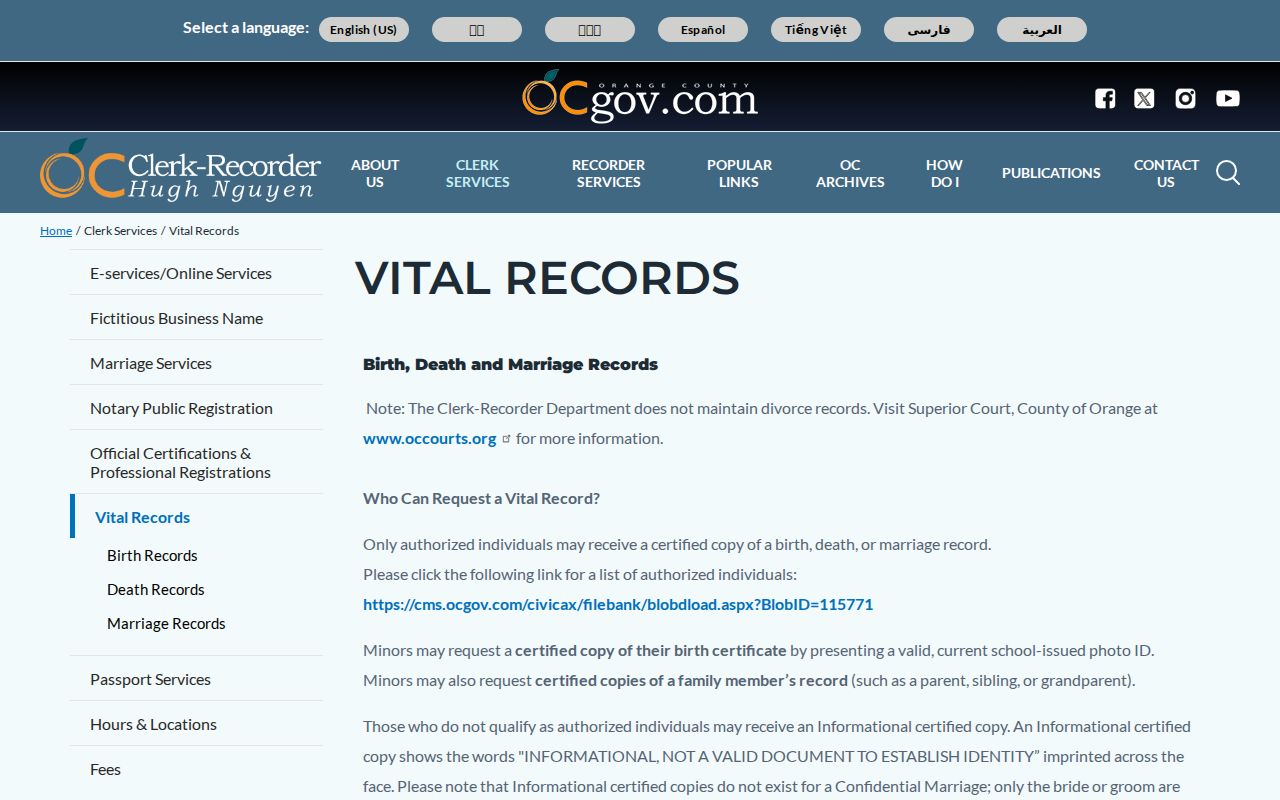 Mission Viejo public records at the Orange County vital records page