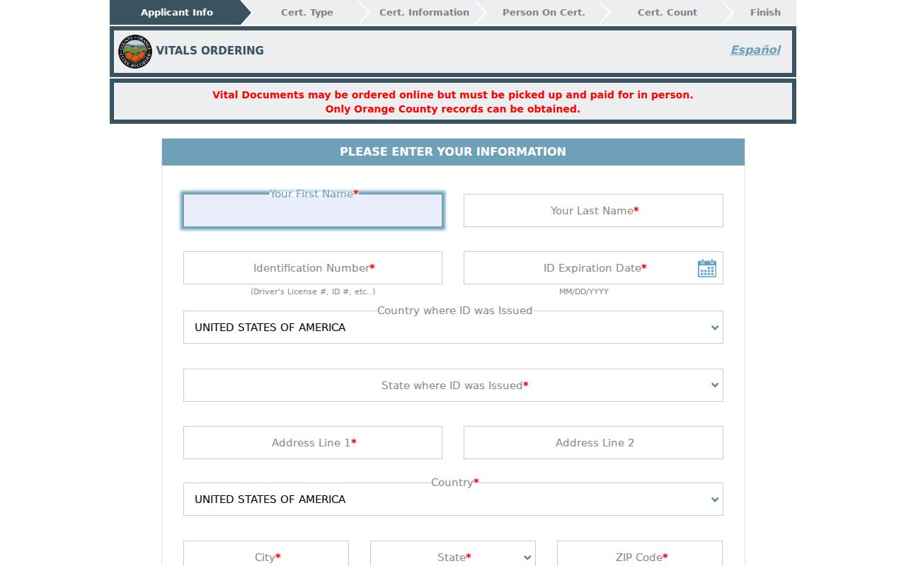 Mission Viejo public records in the Orange County vitals ordering portal